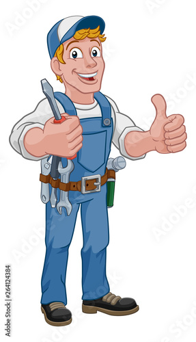 Electrician handyman man handy holding electricians screwdriver tool cartoon construction mascot. Giving a thumbs up.