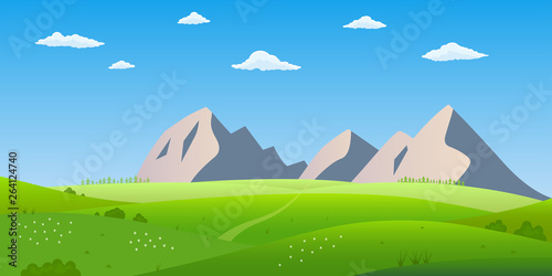 Mountain landscape. Nature background with mountains, hills, summer field or meadow with green grass and sky with clouds. Vector illustration.