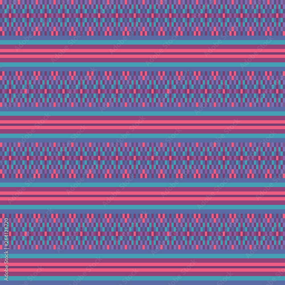 Colorful pink turquoise woven ethnic geometric striped seamless vector pattern background for fabric, wallpaper, scrapooking projects.