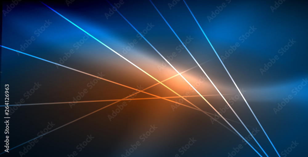 Neon glowing techno lines, blue hi-tech futuristic abstract background template with lights
