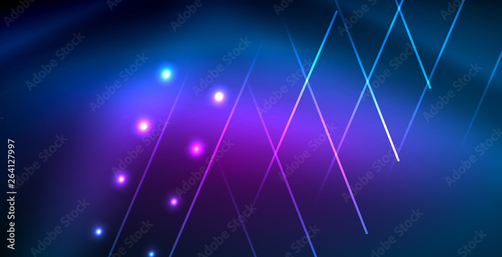 Neon glowing techno lines, blue hi-tech futuristic abstract background template with lights Neon glowing techno lines, blue hi-tech futuristic abstract background template with lights