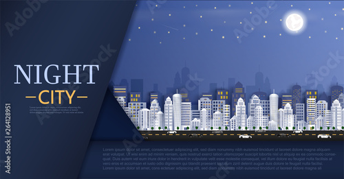 Cityscape with Group of Skyscrapers in the night. And the panorama view and Template for tourism and Journey. And a paper cut style and illustration or background