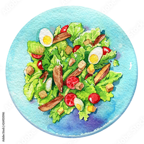 salad Caesar plate chicken eggs tomatoes watercolor isolated