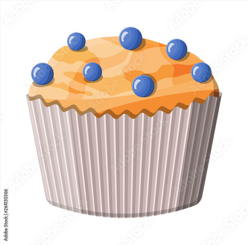Blueberry muffin dessert. Chcolate cupcake. Bread baked cake food, pastry. Bakery shop. Vector illustration in flat style