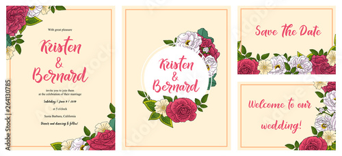Wedding floral invitation card  save the date design with pink  red flowers - roses and green leaves wreath and frame. Botanical decorative vector template