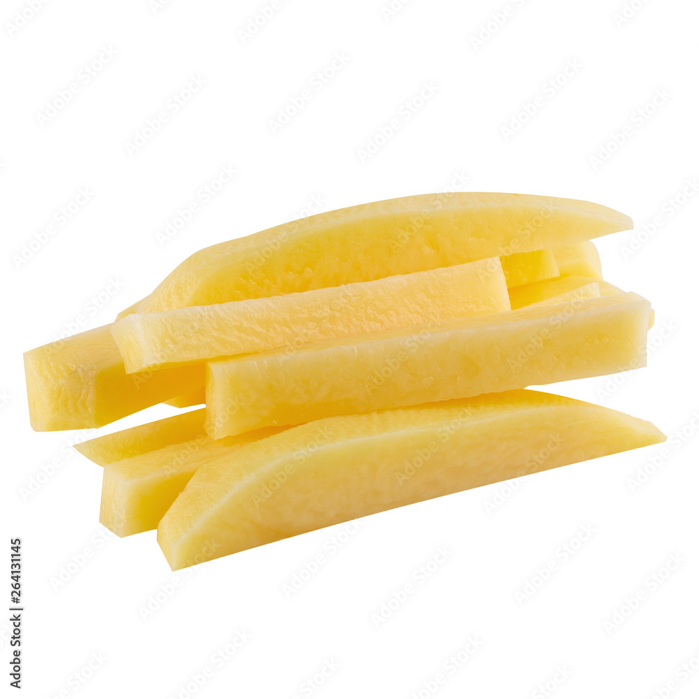 Raw Potato sliced strips prepared for French fries isolated over white background. Raw Potato sliced strips prepared for French fries isolated over white background.