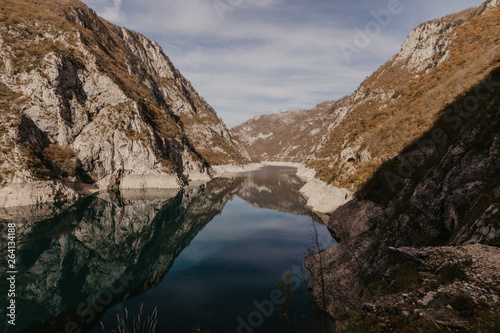 View of great canyon of river Piva. Location place National park Durmitor, Pluzine town, Montenegro, Balkans, Europe. Scenic image of popular travel destination.