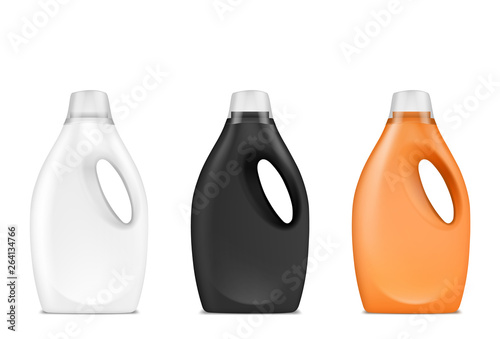 Three bottles of liquid powder. Package design. Vector illustration