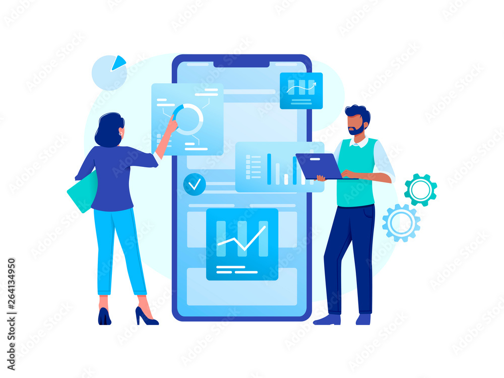 Data analysis, strategy. Woman and man are working with data near big smartphone. Flat vector concept illustration for website, banner, flyer. Isolated on white. Data analysis, strategy. Woman and man are working with data near big smartphone. Flat vector concept illustration for website, banner, flyer. Isolated on white.