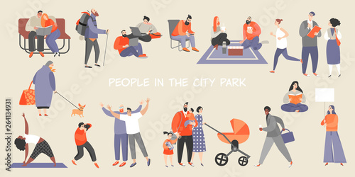 A set of people spending time in the city park. Isolated characters jogging, doing yoga, reading books, working, walking with family and friends, having a picnic, hiking