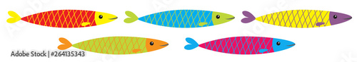 Sardine colorful fish icon set line. Iwashi. Sardina pilchardus. Cute cartoon character. Anchovy pilchard. Marine life. Water animal. Flat design. White background. Isolated.