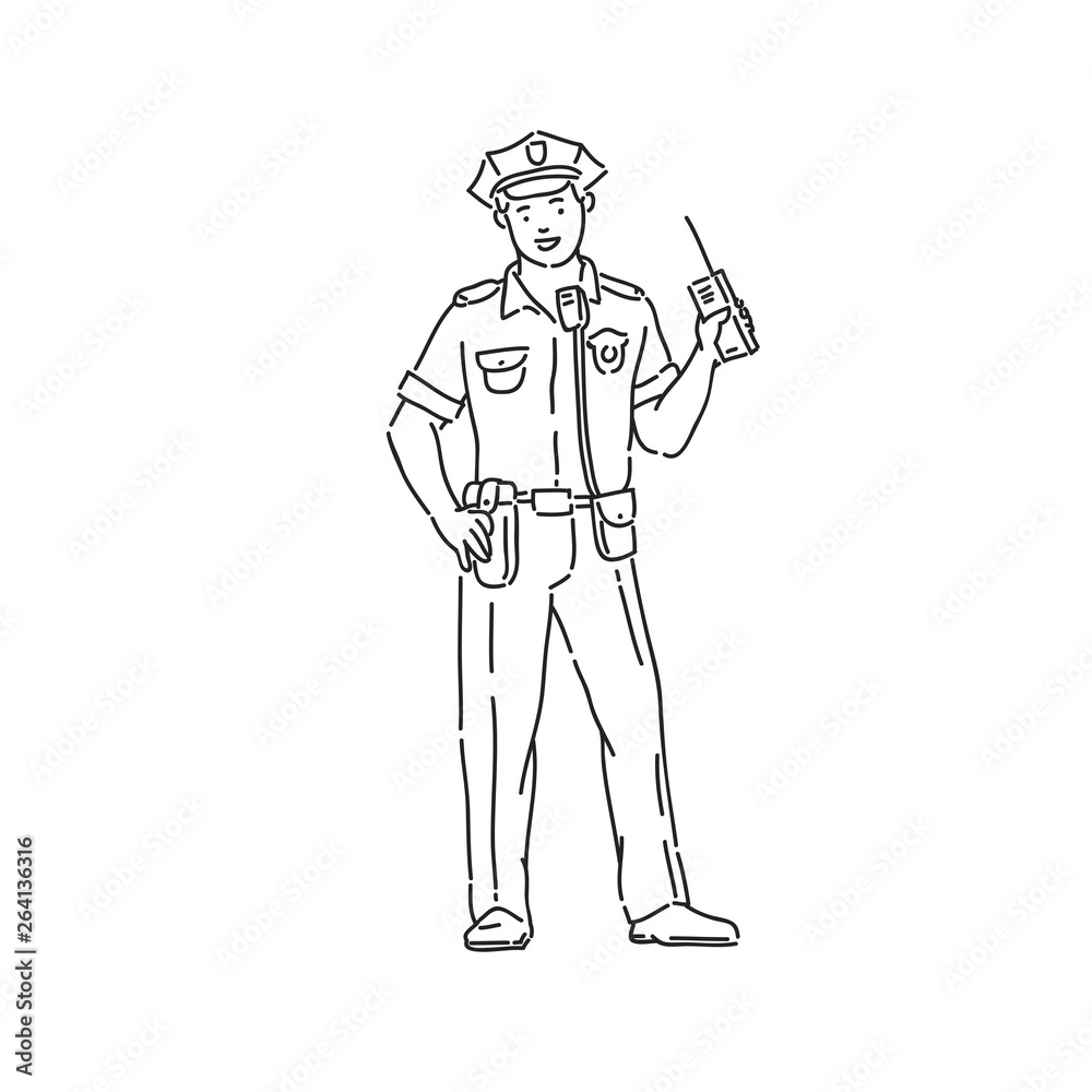Police officer man in professional uniform. Line art style character vector black white isolated illustration.