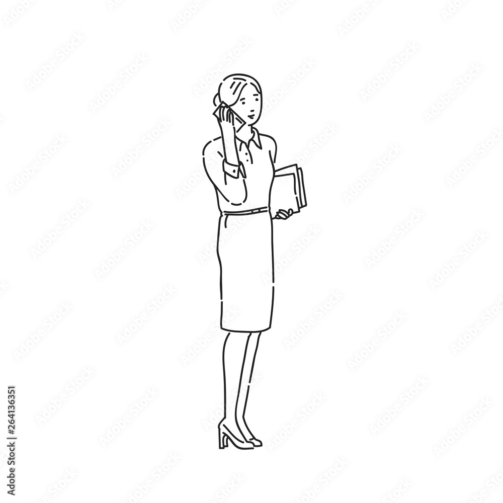 Business woman talking on phone. Line art style character vector black white isolated illustration. Business woman talking on phone. Line art style character vector black white isolated illustration.