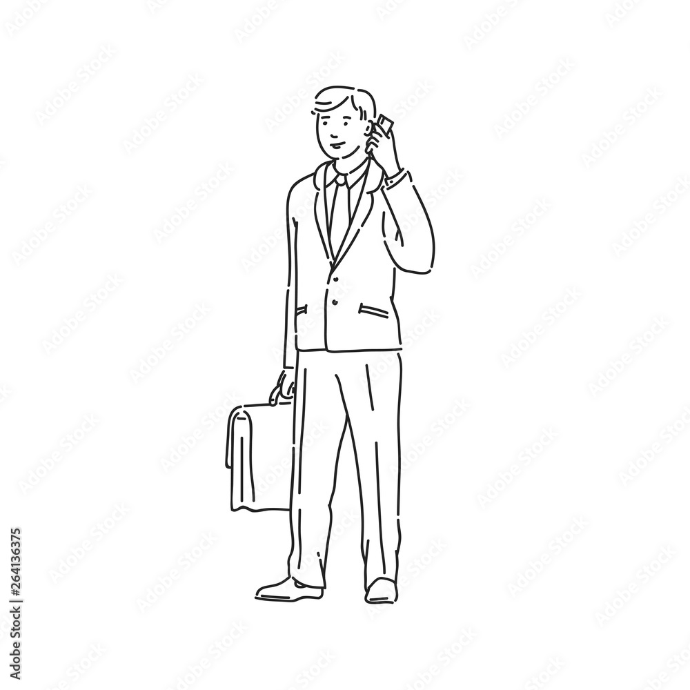 Business man talking on phone. Line art style character vector black white isolated illustration. Business man talking on phone. Line art style character vector black white isolated illustration.