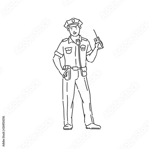 Police officer man in professional uniform. Line art style character vector black white isolated illustration.