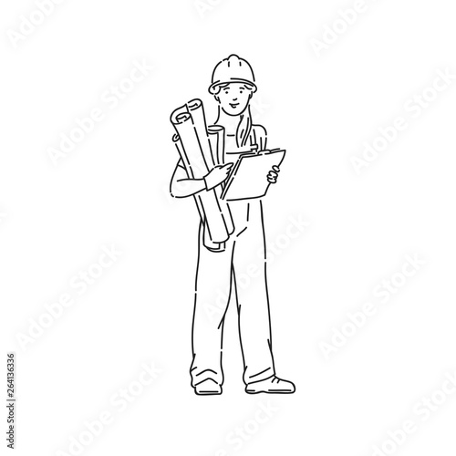 builder woman in professional uniform and protective helmet. Line art style character vector black white isolated illustration.