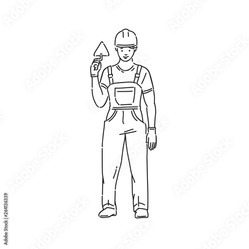 builder man in professional uniform and protective helmet. Line art style character vector black white isolated illustration.