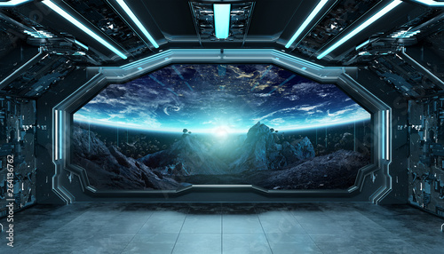Fototapeta Naklejka Na Ścianę i Meble -  Dark blue spaceship futuristic interior with window view on space and planets 3d rendering