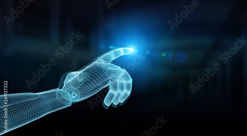 Wireframed blue robot hand pointing finger on dark 3D rendering