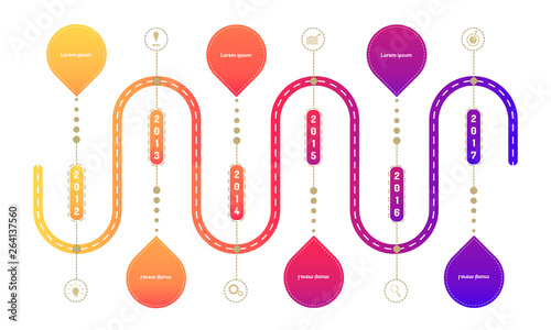 ring side highway roadmap timeline elements with markpoint graph think search gear target icons. vector illustration eps10