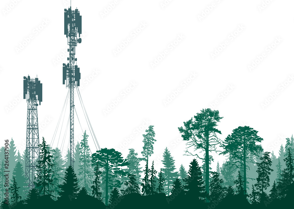 two electric towers in dark forest on white - obrazy, fototapety, plakaty 