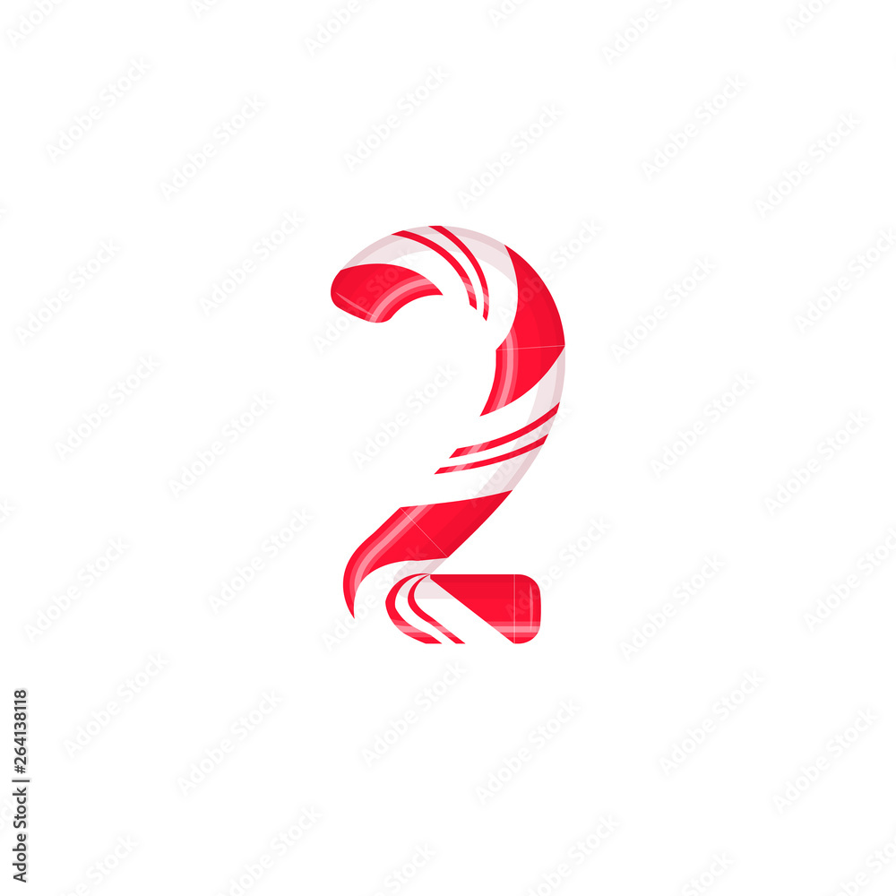 Fototapeta premium Cane letter 2. Candy font elment. Sweet candy, lollipop latin letters. White letter with red stripes. Circus and clown monogram and poster template. Typography design.