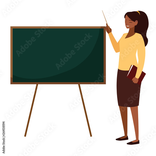 black female teacher with textbook and chalkboard