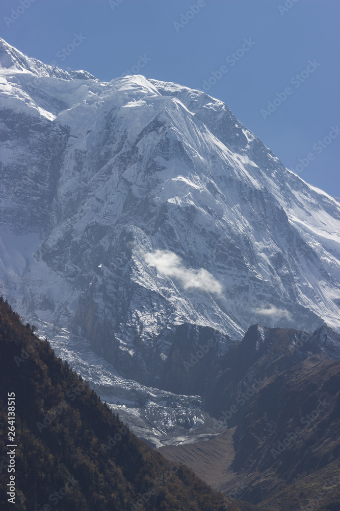 colossal snowy peaks peeking out from behind the hills covered with trees, annapurna travel