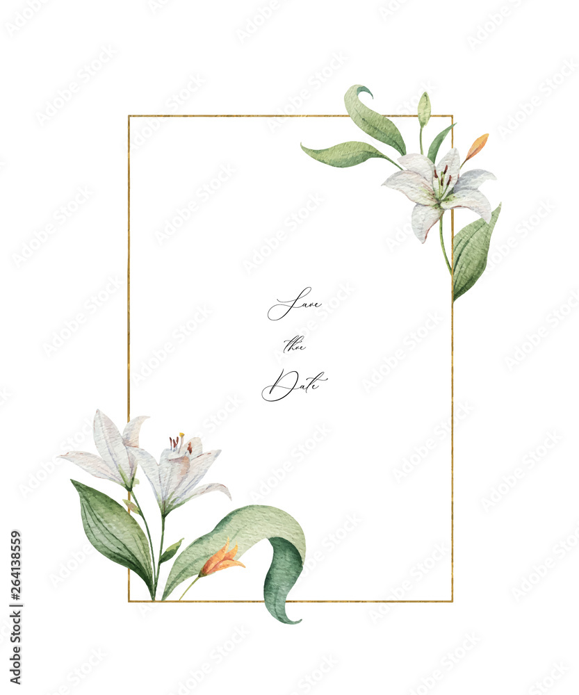 Watercolor vector wreath of Lily flowers and green leaves.