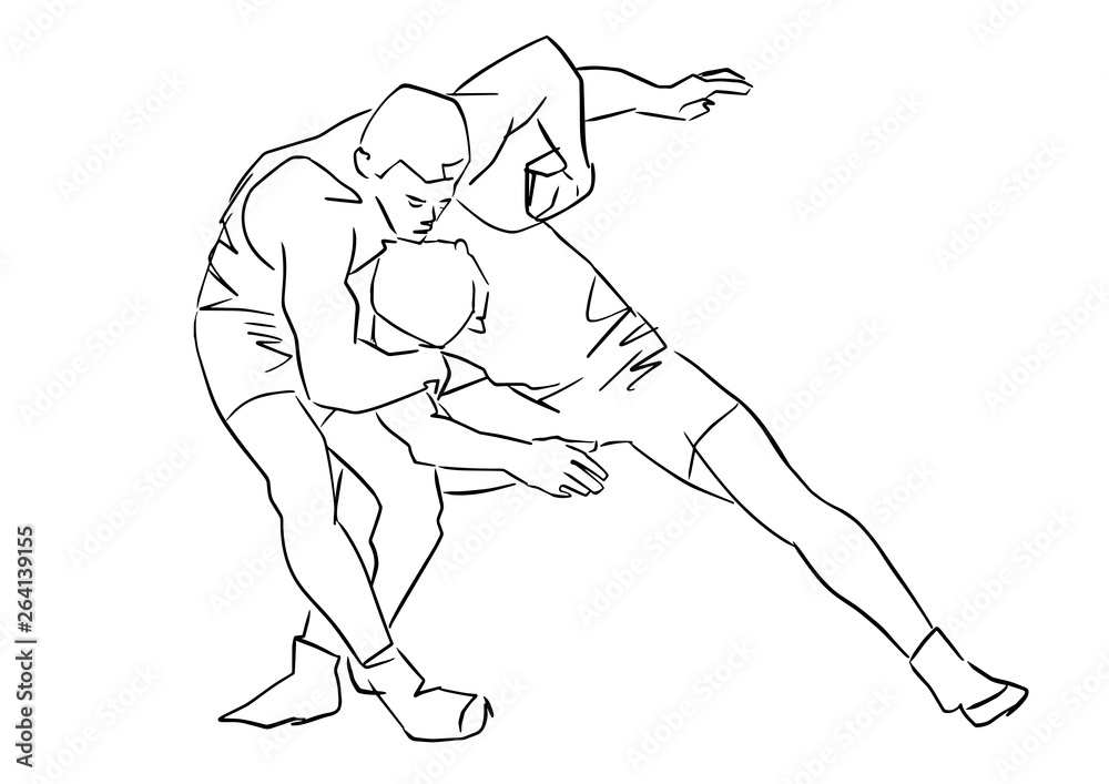 Fototapeta premium Greco-Roman wrestling. Black isolated contour. Fight of two wrestlers. Outlines of athletes in active poses. Sports competition or training. Vector silhouettes.