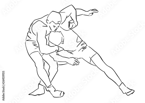 Greco-Roman wrestling. Black isolated contour. Fight of two wrestlers. Outlines of athletes in active poses. Sports competition or training. Vector silhouettes.