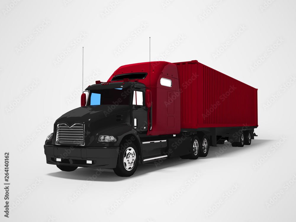 Black big truck with red trailer 3d render on gray background with shadow