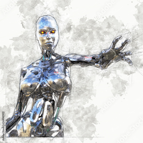 Digital artistic Sketch, based on a self-created 3D Illustration of a female Cyborg, Model-Release or Property Release not required. photo