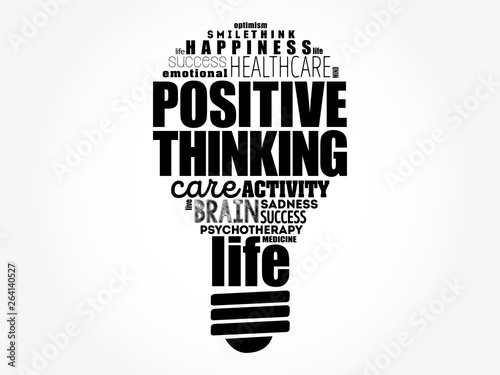 Positive thinking light bulb word cloud collage, health concept background