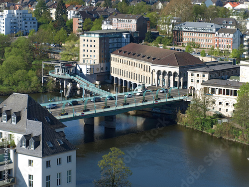 aerial view of the "Schlossbruecke" (castle bridge) in the middle of Muelheim, leading over the river Ruhr