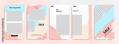 Minimal brush abstract stories layout template banner for social media promotional ads and product catalog in peach and blue color