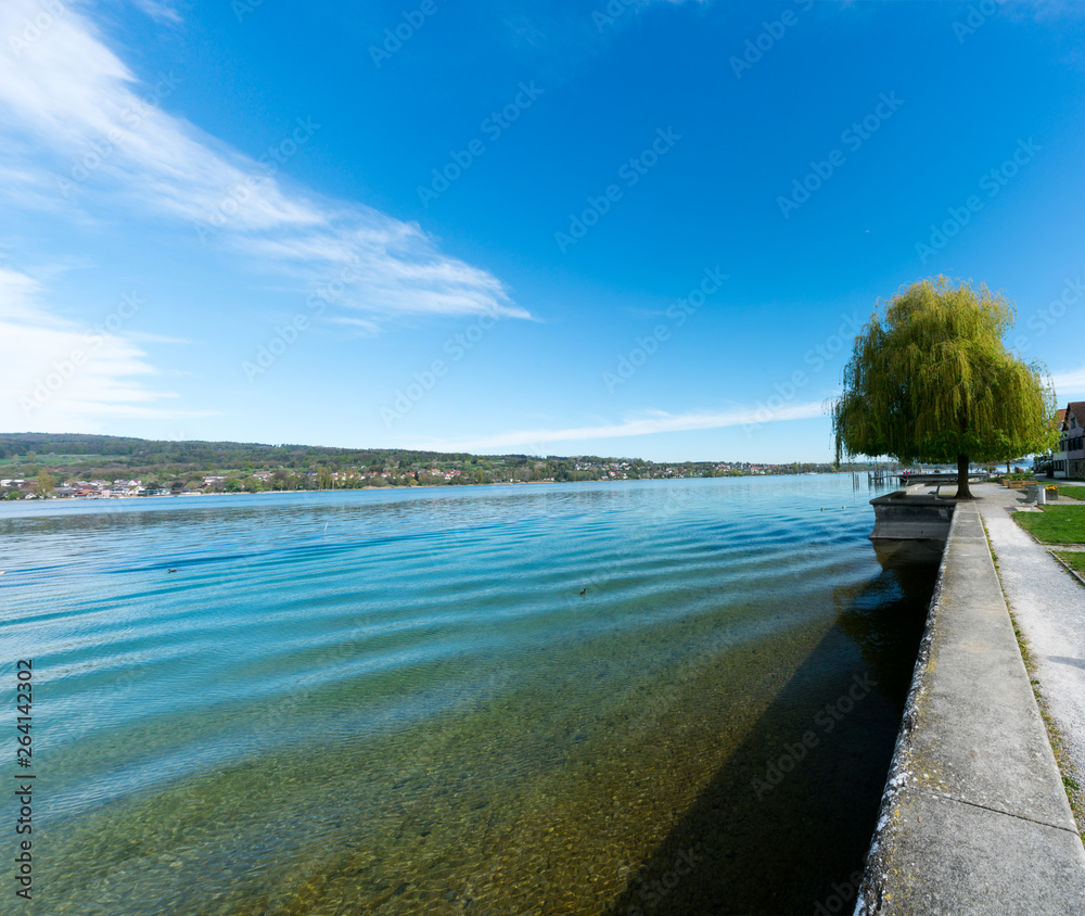 tourists walk along the idyllic lakeshore in Steckborn on Lake Constance tourists walk along the idyllic lakeshore in Steckborn on Lake Constance