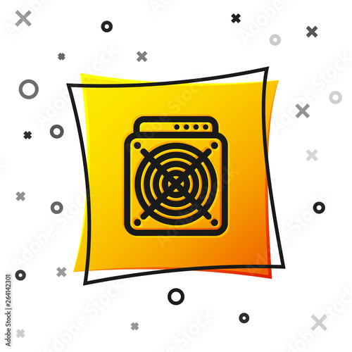 Black ASIC Miner icon isolated on white background. Cryptocurrency mining equipment and hardware. Application specific integrated circuit. Yellow square button. Vector Illustration