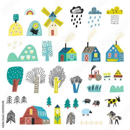 Landscape elements for your design. Scandinavian style. Mountain Europe. Agriculture.
