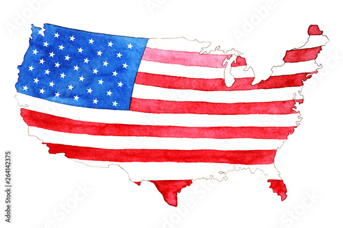 USA flag in watercolor. Map filled with flag. High resolution. Hand drawn