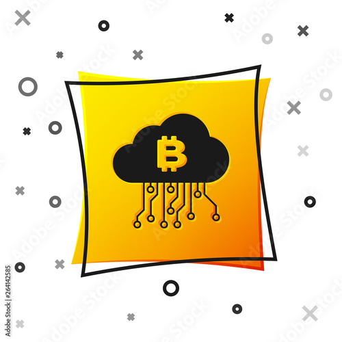 Black Cryptocurrency cloud mining icon isolated on white background. Blockchain technology, bitcoin, digital money market, cryptocoin wallet. Yellow square button. Vector Illustration