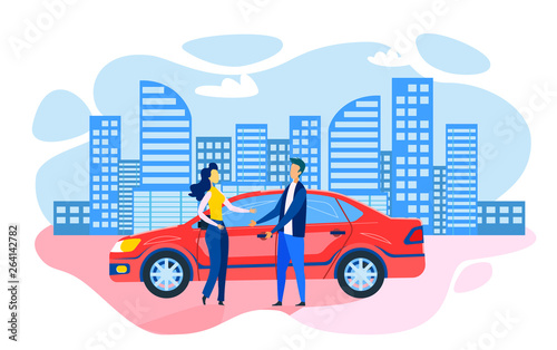 Man Woman Standing near Parked Car Flat Cartoon