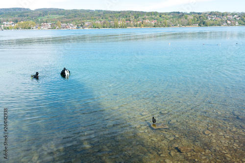 two scuba divers start their dive on the shores of Lake Constance near Steckborn