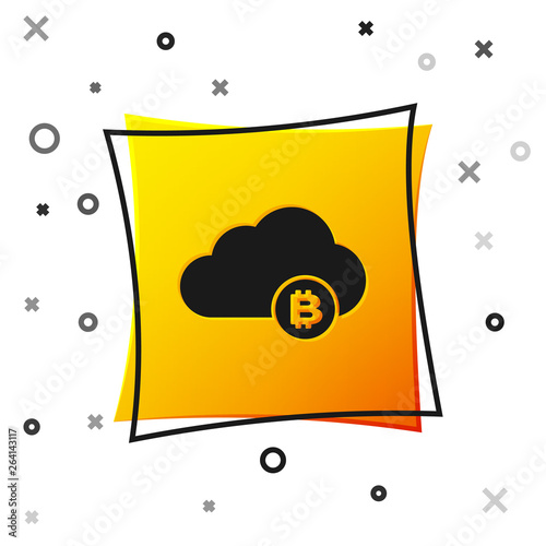 Black Cryptocurrency cloud mining icon isolated on white background. Blockchain technology, bitcoin, digital money market, cryptocoin wallet. Yellow square button. Vector Illustration