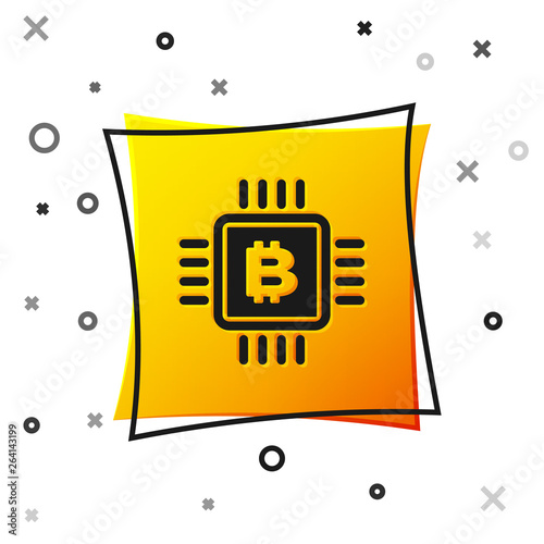 Black CPU mining farm icon isolated on white background. Bitcoin sign inside microchip. Cryptocurrency mining community. Digital money. Yellow square button. Vector Illustration
