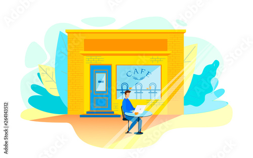 Man Using Cafe Wi-Fi for Browsing Flat Cartoon
