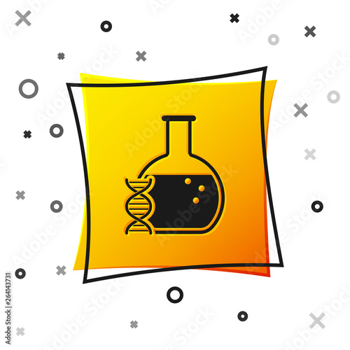 Black DNA research, search icon isolated on white background. Genetic engineering, genetics testing, cloning, paternity testing. Yellow square button. Vector Illustration