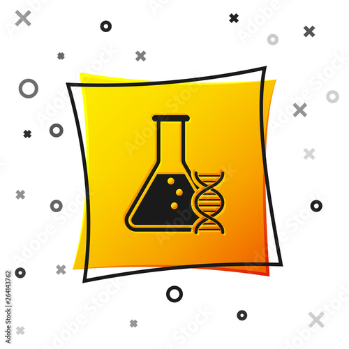 Black DNA research, search icon isolated on white background. Genetic engineering, genetics testing, cloning, paternity testing. Yellow square button. Vector Illustration