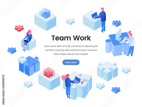 Teamwork, team building isometric landing page