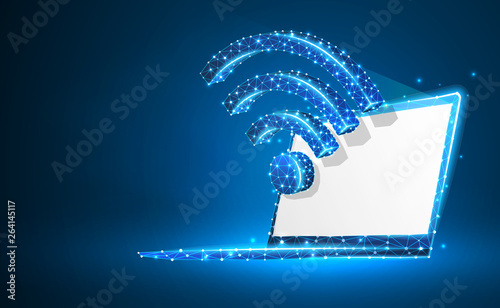Laptop, wi-fi, notebook symbol. White screen. Devices, wireless connection, internet concept. Abstract, digital, wireframe, low poly mesh, vector blue neon 3d illustration. Triangle, line, dot, star